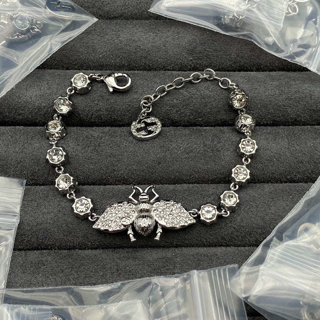 Double Gucci Interlocking Gucci Bee Crystals Bracelet